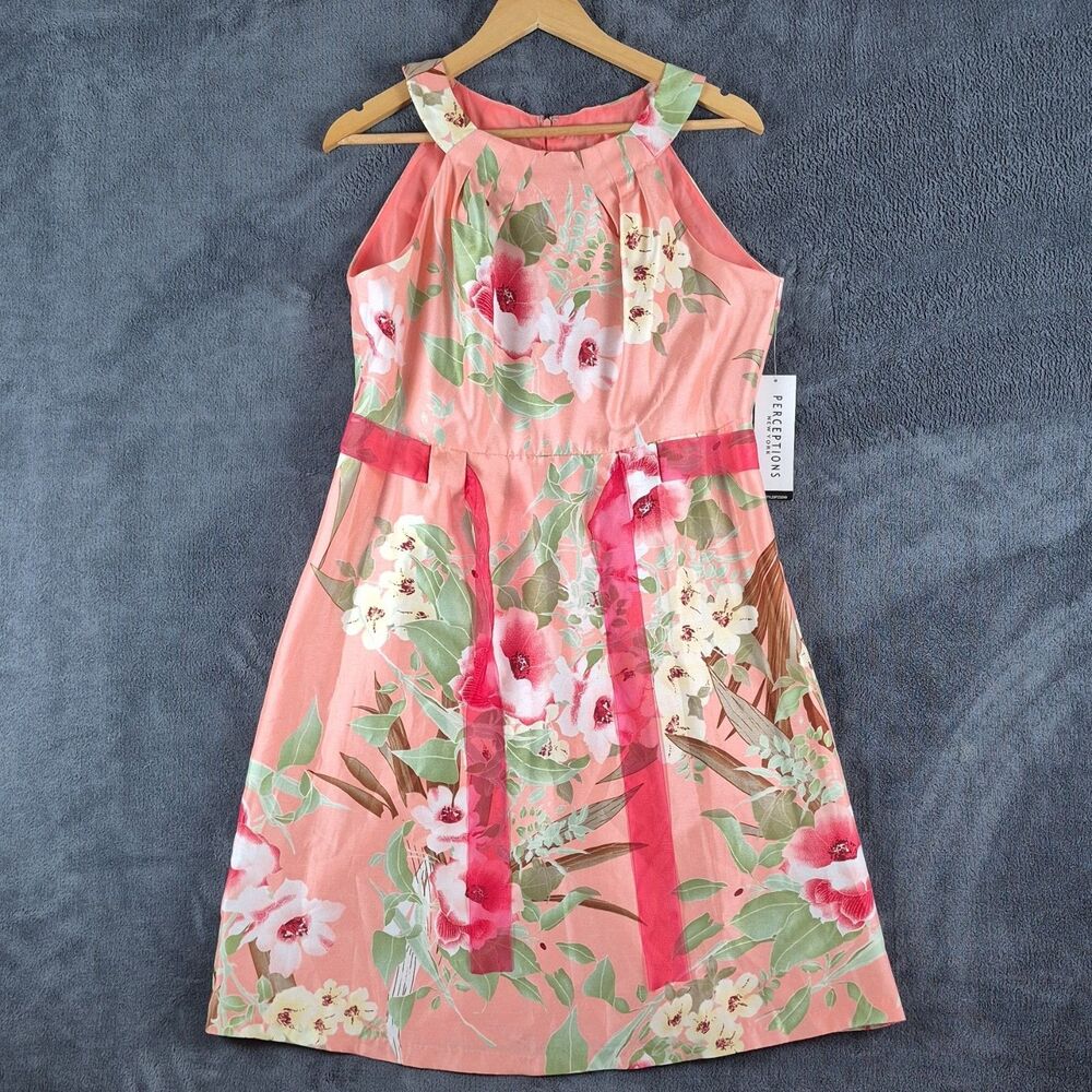 PERCEPTIONS PEACH FLORAL FIT & FLARE HALTER SLEEVELESS KNEE LENGTH DRESS PLEATED